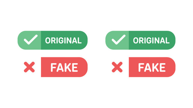 Real and fake rubber stamp icon collection with original and counterfeit signs in vector style, representing authenticity checks, validation, and document status control.