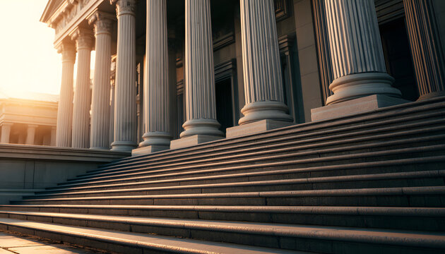 Sunlight bathes the ancient stone steps that lead to the courthouse's columns. The early morning peace encourages judicial justice and fresh starts. A tranquil ambiance for themes of law and order.