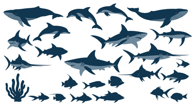 Large collection of ocean animal silhouettes including sharks, whales, dolphins, and swordfish in deep blue colors.