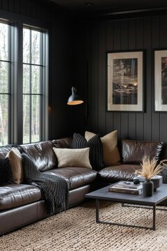 A dark modern living room features a brown leather sectional, textured pillows, throws, and a dark coffee table with decor. AI.