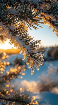 Sunlight gleams on ice-covered pine needles, with bokeh lights in the background. AI.