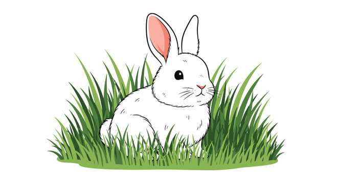 Adorable cartoon white rabbit with long ears sitting peacefully in a patch of green grass on a white background.