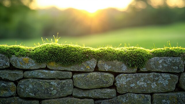 A moss-covered stone wall with a blurred green background and sunlight glowing through. AI.