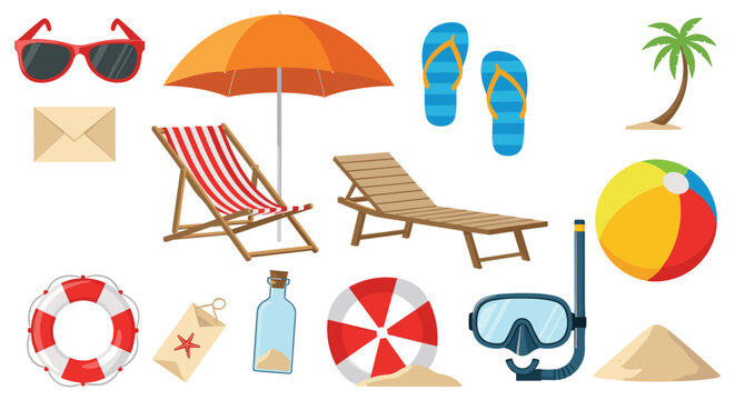 Comprehensive collection of summer beach vacation items includes a lounge chair, sun umbrella, snorkeling mask, and ball.