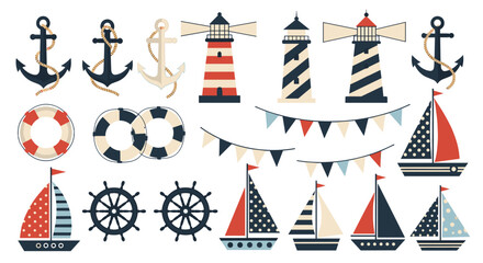 Fototapeta premium Comprehensive collection of nautical elements features anchors lighthouses sailboats and ship wheels on white.