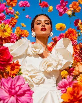 Glamorous woman in a sculptural white floral dress surrounded by vibrant blooming flowers under a clear blue sky.