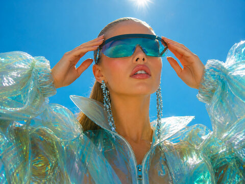 Futuristic fashion portrait of a woman in an iridescent translucent jacket and oversized visor sunglasses under a bright blue sky.