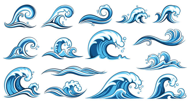 Collection of gorgeous blue ocean wave vectors showing various curly, rolling, and splashing water shapes on white background.