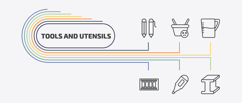 tools and utensils outline icon set. thin line empty shopping basket, pitcher with levels, film strip photograms, body thermometer and more icons. editable vector