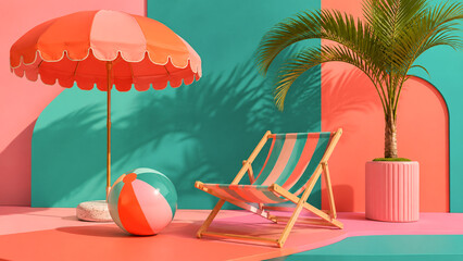 Obraz premium A coral beach umbrella and striped deck chair stand beside a palm against a teal and pink background.