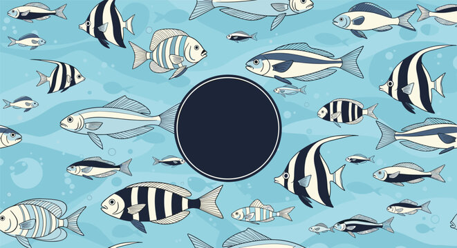 Seamless pattern border with stylized blue and white fish swimming around a dark circular empty text frame.
