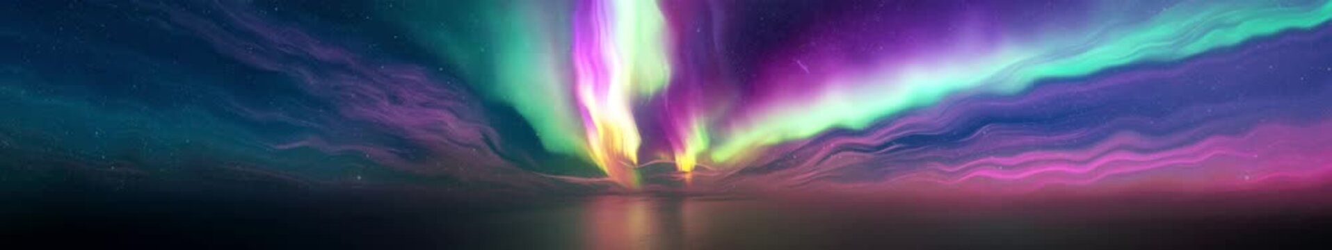 Aurora Borealis Panorama Over Ocean Horizon with Swirling Green, Pink, and Purple Northern Lights &mdash; Widescreen Night Sky