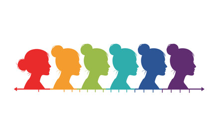 Fototapeta premium Profile silhouettes of a young woman with a hair bun arranged in a line with a rainbow color gradient, on a white background.
