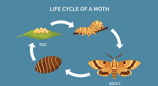 Educational scientific diagram showing the life cycle of a moth from eggs on a leaf, caterpillar, pupa, to an adult moth.