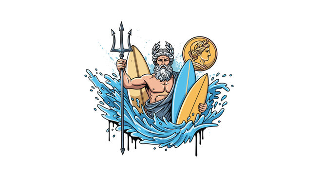 Greek god Poseidon standing in ocean splashes holding a trident and surfboards next to a classic gold coin of Athena in pop art style.