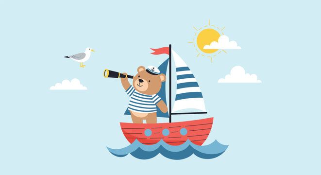 Cute cartoon bear wearing a sailor hat and striped shirt looking through a telescope from a small boat on the waves.