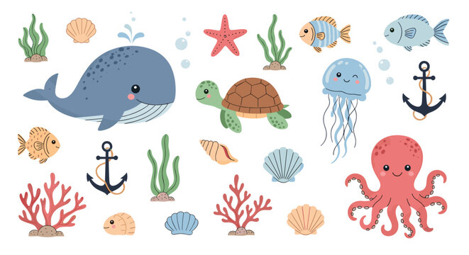 Cute baby sea creatures collection with a smiling whale, turtle, octopus, jellyfish, corals, sea shells, and anchors.