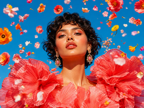 A glamorous woman in a coral floral dress poses beneath floating flowers and a vivid blue sky.