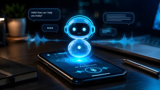 Ai assistant concept with a glowing 3d robot character emerging from a smartphone screen on a desk, featuring voice recognition waveforms and chat bubbles in a futuristic digital interface