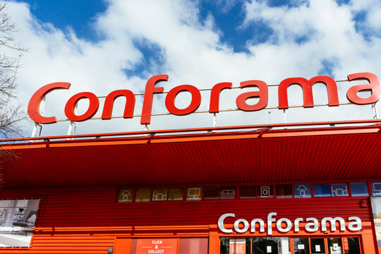 Barcelona, Spain-June 12, 2026. Conforama store exterior with red facade and sky