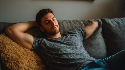 Obraz premium Relaxed man lounges on couch, arms behind head