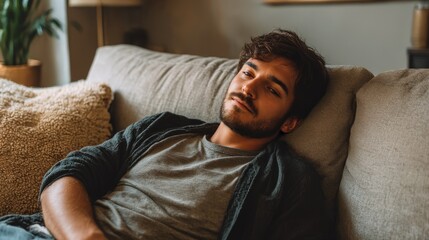 Obraz premium Young man rests on cozy couch, eyes closed