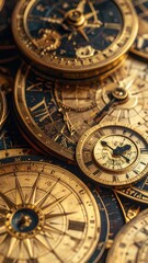 Naklejka premium Vintage Compass and Clock Collection Close-Up.