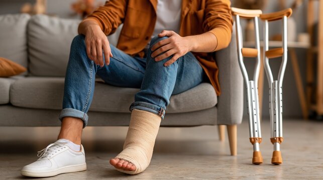 Person sits on a sofa, limping with a casted foot