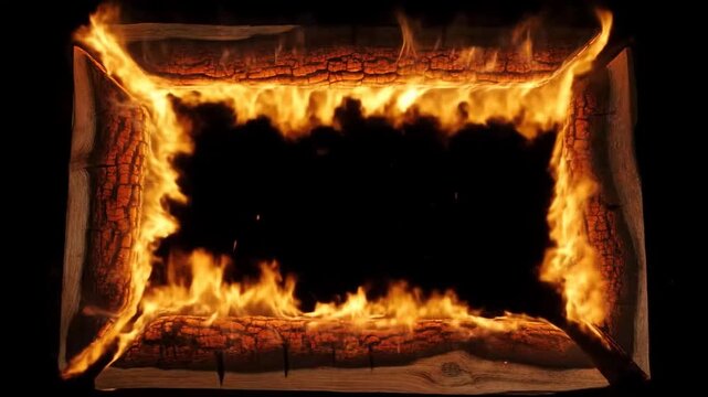 Static shot of wooden frame burning with flickering flames and glowing embers around central black void in dark studio interior