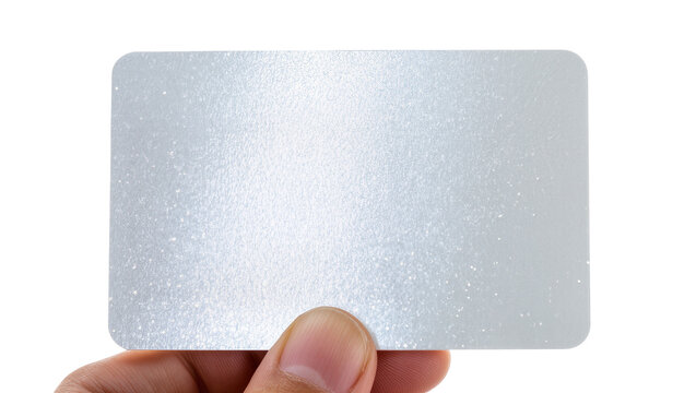 Isolated hand holding a blank rectangular card with sparkling glitter texture, design template.