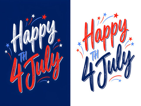 Happy 4th of July handwritten lettering with stars and fireworks on dark blue background.