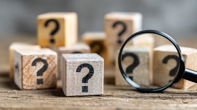 Wooden blocks with question marks and magnifying glass for problem solving