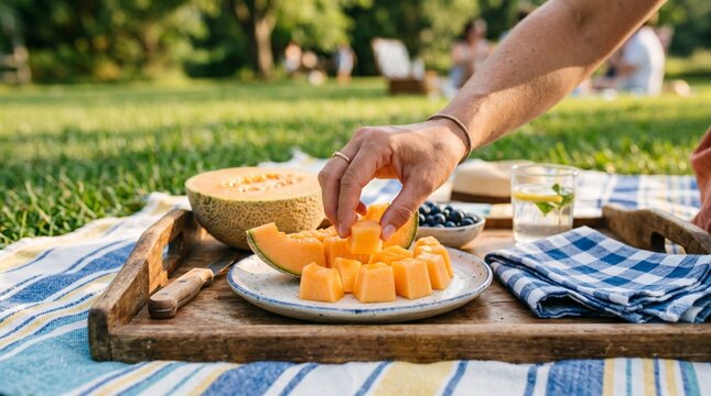  Female hand taking a piece of fresh cantaloupe melon from a plate. Aesthetic summer outdoor picnic on a wooden tray in a sunny park