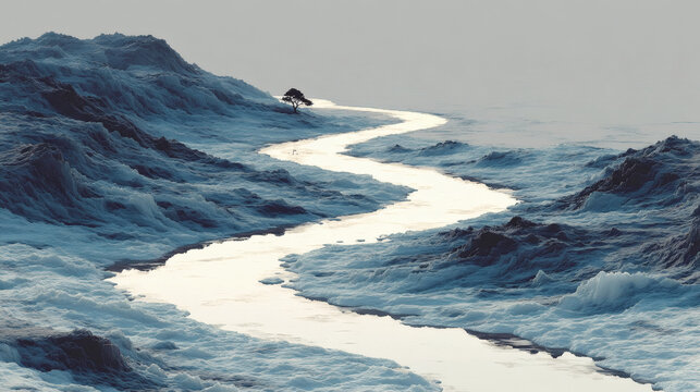 Frozen river winding through icy landscape