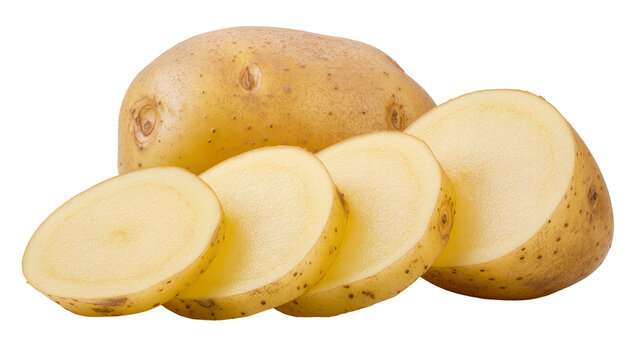 Isolated fresh organic potato and multiple thin slices showcasing natural texture and color