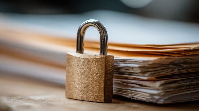 A brass padlock resting on a stack of important legal documents
