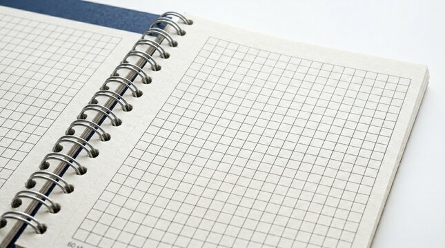 Close up of an open spiral bound notebook with graph paper pages and a blue cover on a white background back to school time.