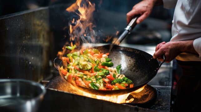 Fire crackles as chef flips sizzling vegetables
