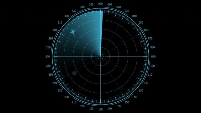 Blue military radar screen animation with rotating sweep tracking a plane and two approaching UAP targets