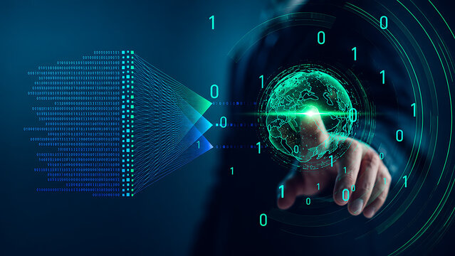 Digital transformation and global data connection concept, businessman touching digital globe with binary code stream and network interface