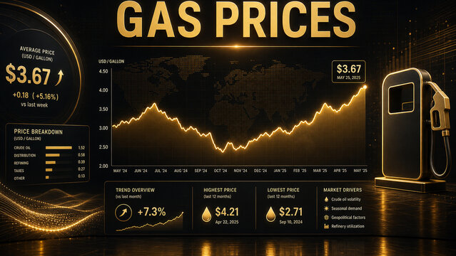 Dark gold gas price dashboard with fuel pump, market chart, world map, price breakdown, and energy trend data visualization.