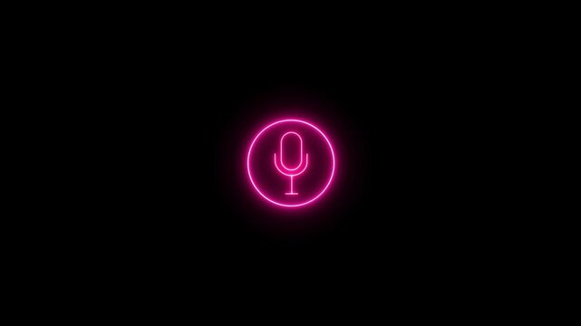 Neon color Neon line microphone icon. Glowing Voice recording podcast mic microphone button. Motion graphics of recording icon concept