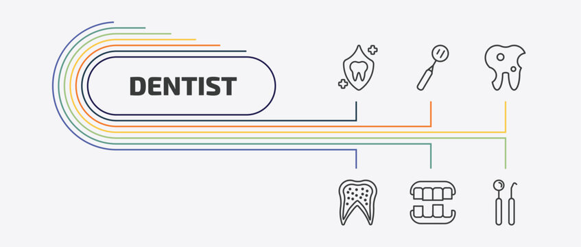 dentist outline icon set. thin line mouth mirror, bicuspid, inner tooth, overdenture and more icons. editable vector