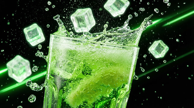 Refreshing green carbonated drink with ice cubes splashing in a glass