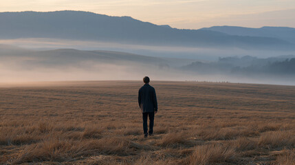 Obraz premium Autumn equinox scene of a lone figure standing in a harvested agricultural field at dawn, mist hovering low across the landscape, seasonal transition concept, equal day and night