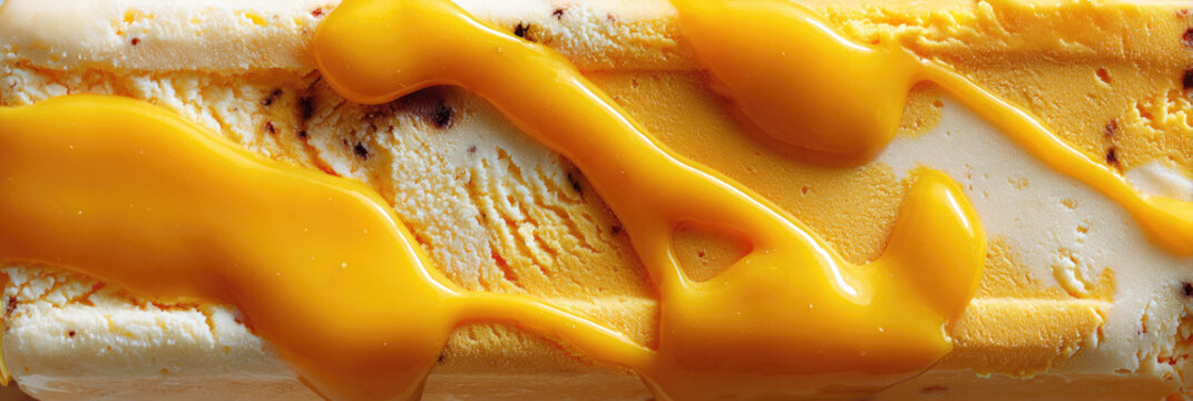 Mango ice cream bar features a delectable blend of creamy white and golden yellow layers, enhancing its appealing texture, generously topped with a rich, smooth mango sauce