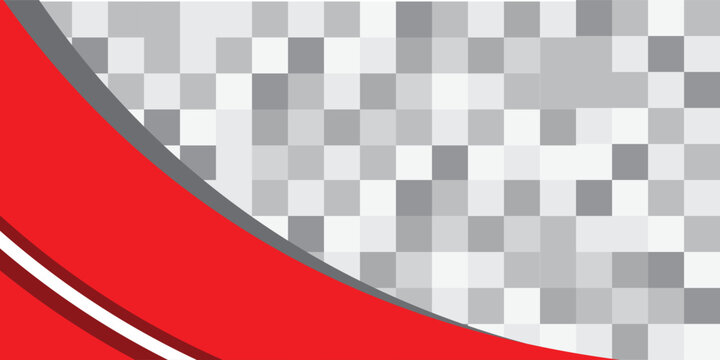 Abstract corporate background with red wavy shape. Minimalist grey and white pixel mosaic grid backdrop with elegant dynamic curve vector banner.