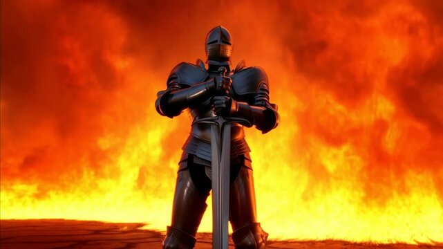 Tracking shot of armored knight standing with sword before raging wall of fire on scorched earth wasteland