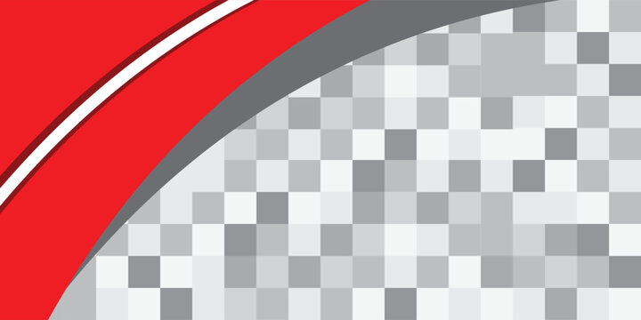 Abstract corporate background with red wavy shape. Minimalist grey and white pixel mosaic grid backdrop with elegant dynamic curve vector banner.