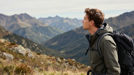 Fototapeta premium Young man gazing over mountain valley from hiking ridge